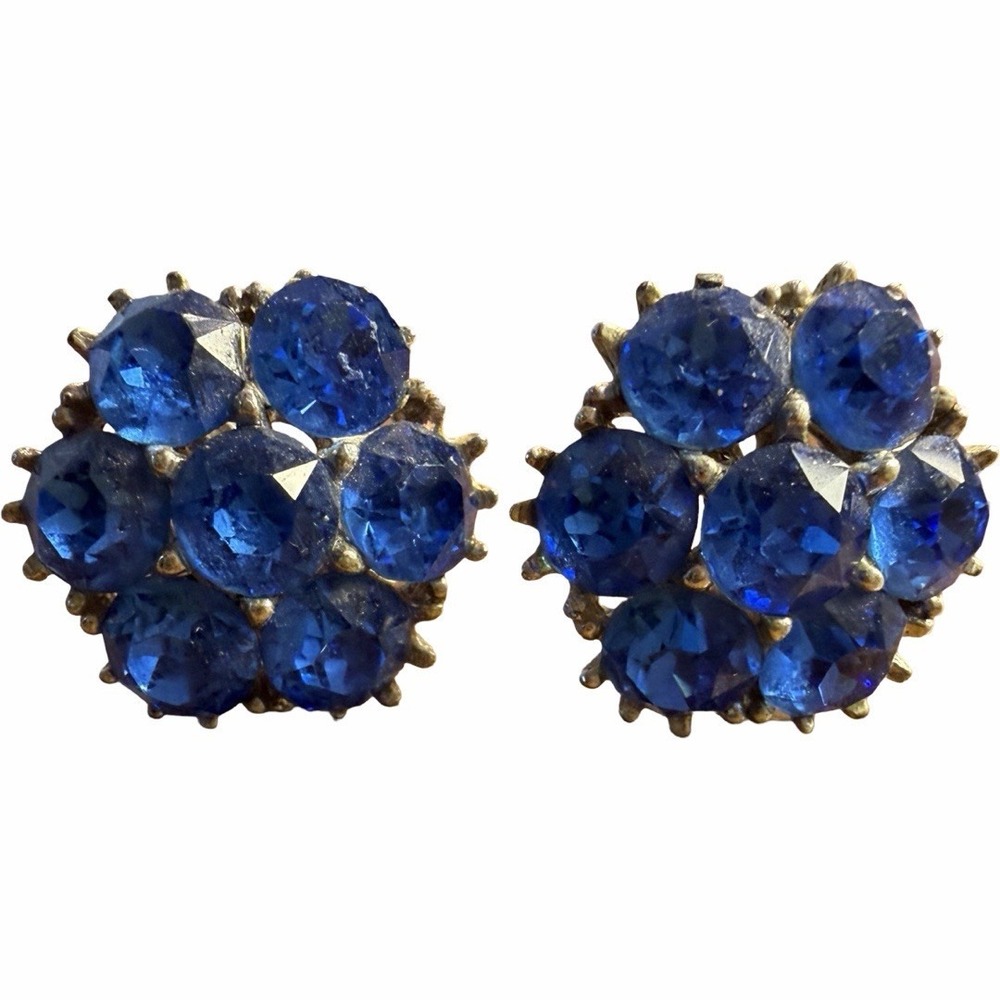Vintage ORA Royal Blue Rhinestone Cluster Screw Back Earrings Silver Tone